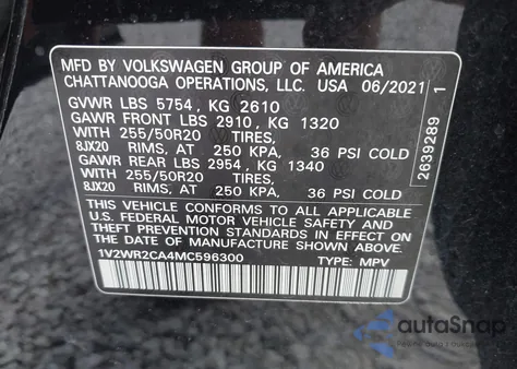 2021 Volkswagen Atlas 3.6L V6 Se W/Technology из США, поврежденный, VIN 1V2WR2CA4MC596300